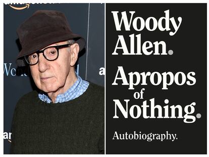 El director de cine Woody Allen, a la izquierda, y la carátula de sus memorias, 'Apropos of Nothing'.