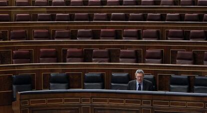 El ministro de Justicia, Alberto Ruiz-Gallardón, esta mañana en el Congreso.