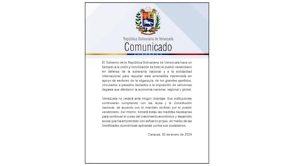 The statement issued by the Venezuelan authorities in response to the U.S. announcement.