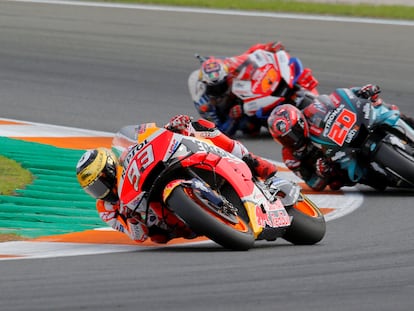 Márquez, Quartararo y Miller, en la última carrera de MotoGP, celebrada en Valencia el pasado noviembre,