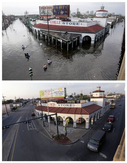 <B> 1 de cada 4.</B> La proporción de propiedades residenciales en la ciudad que fue declarada vacía o destruida. Nueva Orleans se convirtió en la ciudad de Estados Unidos con la mayoría concentración de viviendas abandonadas. En la imagen una calle inundada en agosto de 2005 y en agosto de 2015.