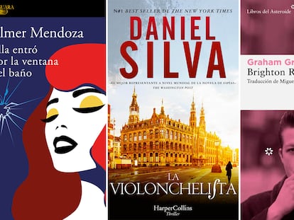 Las portadas de la edición española de 'Ella entró por la ventana del baño', 'La violonchelista' y 'Brighton Rock'.