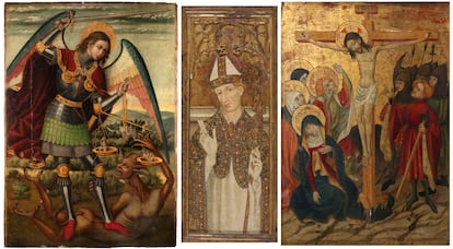 Tres pinturas góticas falsas: un 'San Miguel' atribuido a un pintor aragonés del siglo XVI y un 'Santo obispo' y un 'Calvario', ambas atribuidas a Lluís Borrassà pero salidas del taller de los hermanos Junyer a comienzos del siglo XX. / OLGA DE SANDOVAL / MNAC / BALCLIS