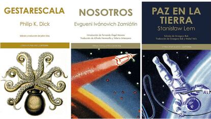 Las portadas de algunos de los libros publicados en la colección Letras Populares, incluida en la editorial Cátedra. Entre ellos, su nuevo lanzamiento, 'Gestarescala', la última gran novela de Philip K. Dick que quedaba por traducir al castellano.