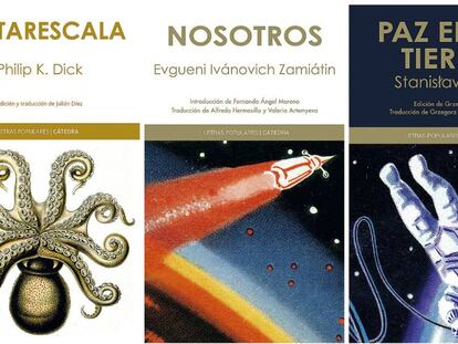 Las portadas de algunos de los libros publicados en la colección Letras Populares, incluida en la editorial Cátedra. Entre ellos, su nuevo lanzamiento, 'Gestarescala', la última gran novela de Philip K. Dick que quedaba por traducir al castellano.