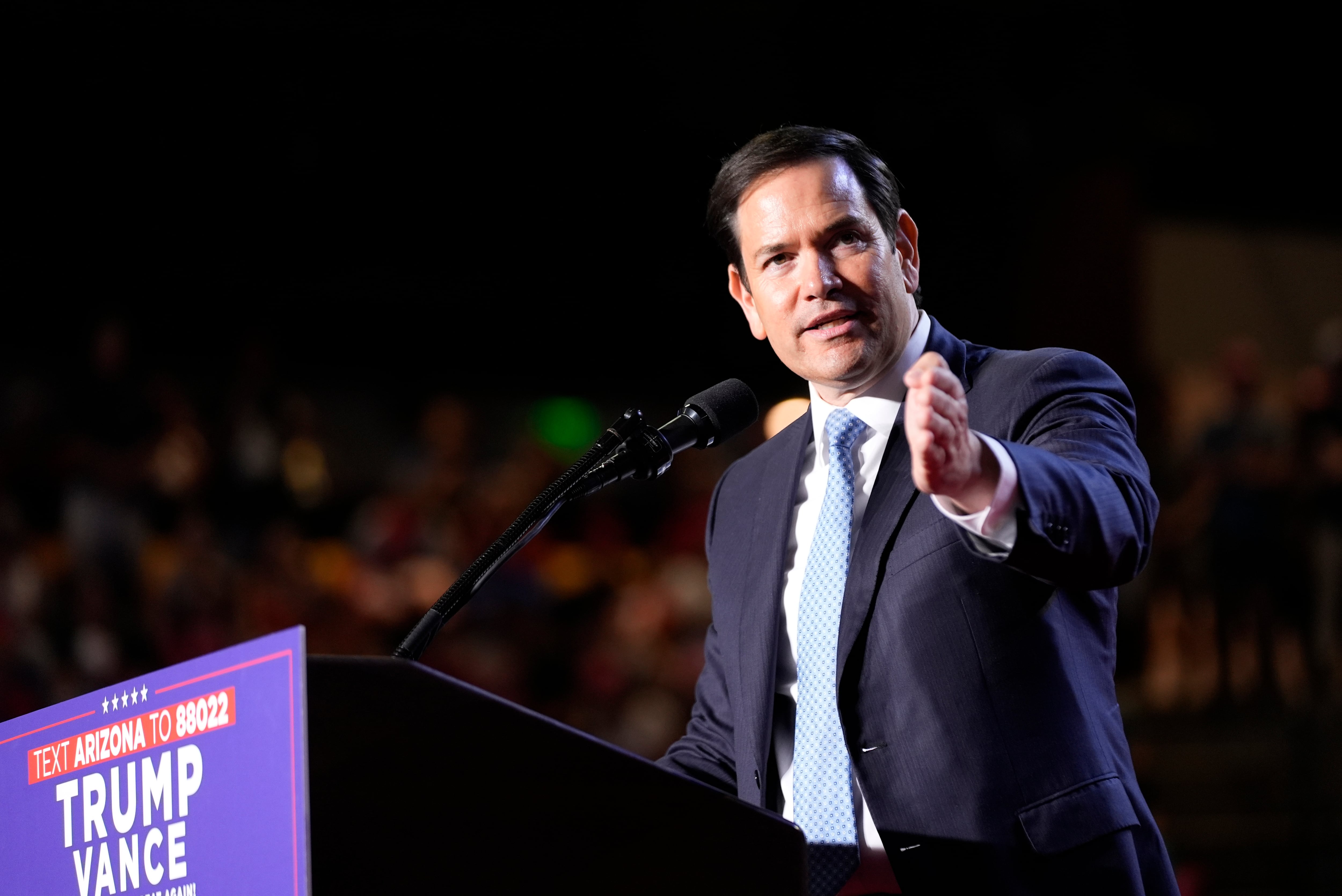 Sen. Marco Rubio, R-Fla., speaks before Republican presidential nominee former President Donald Trump at a campaign rally at Mullett Arena, Thursday, Oct. 24, 2024, in Tempe, Ariz. (AP Photo/Alex Brandon)