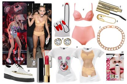 MILEY CYRUS:

1 y 2. Miley Cyrus actuando en los MTV VMA´s 2013. 3. Etsy.com Mano de gomaespuma. 4. Atsuko Kudo Conjunto de lencería de látex. 5. Napoleon Perdis Máscara de pestañas. 6. Tom Binns Pendiente de imperdible. 7. Mawi Gargantilla de eslabones con pedrería. 8. Karen Millen Pendientes con brillantes. 9. Old Glory Camisetas de manga corta con ilustraciones de los looks de Miley Cyrus. 10. Topshop Pegatinas para manicura. 11. Chanel Barra de labios “Rouge Allure Velvet”. 12. Underground Creepers con empeine en piel de potro, tachuelas y ribete de cremallera.