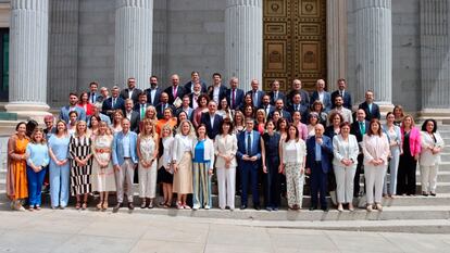 El grupo socialista se fotografía ante la Puerta de los Leones del Congreso para celebrar la aprobación de la ley de paridad.