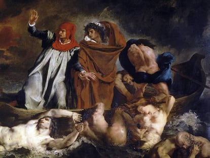 Virgilio guia Dante pelo inferno em 'A barca de Dante', de Eugene Delacroix (1822).