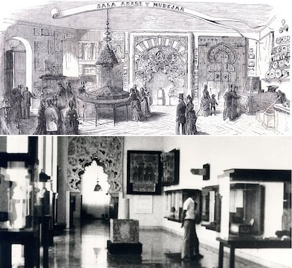 Salas dedicadas al arte hispanomusulmán. Arriba, montaje museográfico del Casino de la Reina; abajo, imagen tomada hacia 1971 con el arco de la alfajería al fondo.