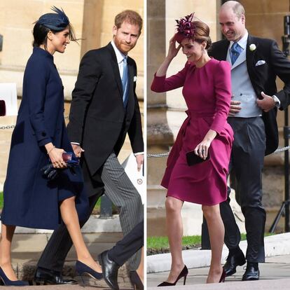 Meghan y Enrique de Sussex (izquierda) y Kate y Guillermo de Cambridge (derecha) llegan a la boda de Eugenia de York.