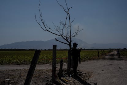 A state police officer stands guard on one of the trails near the Izaguirre ranch. 