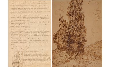 Illustrated Letter to Theo van Gogh (Cypresses), June 25, 1889. Carta ilustrada a su hermano Theo. En la otra página, el dibujo de un ciprés, en 1889. Cortesía del Met de Nueva York. Museo de Brooklyn.