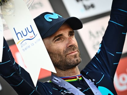 Alejandro Valverde, el miércoles en el podio de la Flecha Valona.