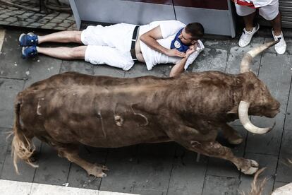 Uno de los toros de la ganadería de Núñez del Cuvillo pasa junto a un corredor tendido en el suelo. 
