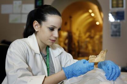 Rebeca Arranz, licenciada en pr&aacute;cticas en la Academia, con una mand&iacute;bula hallada en la caja.