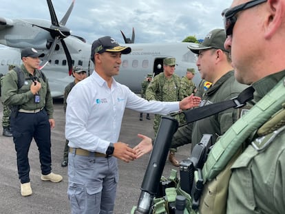 Pedro Sánchez tras aterrizar en el aeropuerto del municipio de Villa Garzón, en el departamento del Putumayo, el 5 de septiembre.