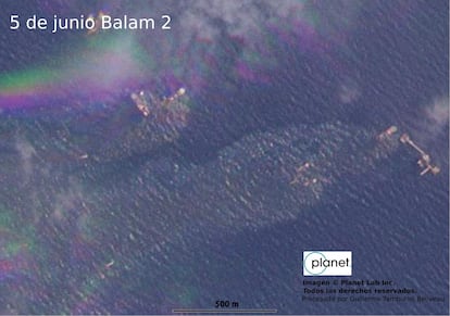 Un derrame de crudo sucedido el 5 de junio en el Golfo de México, captado en una fotografía satelital.