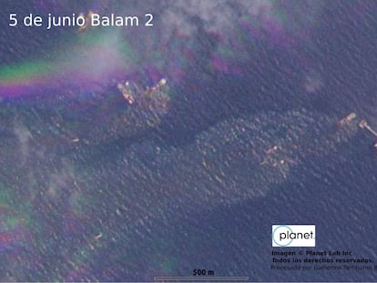 Un derrame de crudo sucedido en el Golfo de México, en una fotografía satelital del 5 de junio.