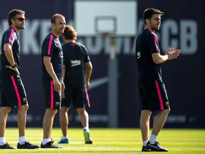 Luis Enrique, Edu Pons y Rafel Pol, en un entrenamiento del Barça.