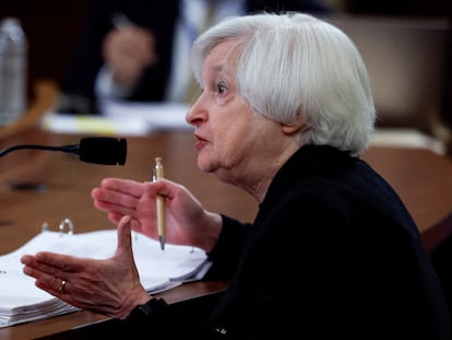 Janet Yellen, secretaria del Tesoro de EE UU, compareciendo en el Congreso el 10 de marzo.
