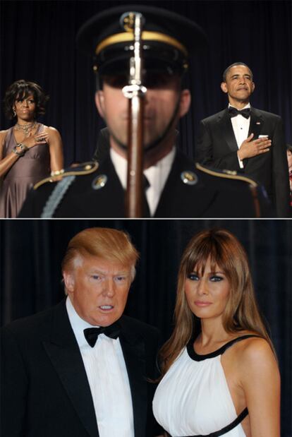 Barack Obama y su esposa Michelle en la cena de corresponsales. Abajo, Donald y Melania Trump a su llegada al acto.