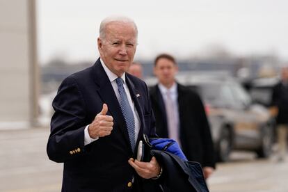 U.S. President Joe Biden gestures to reporters before boarding Air Force One en route to Camp David at Hancock Field Air National Guard Base in Syracuse, New York, February 4, 2023.