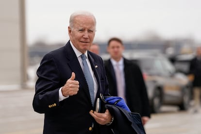 U.S. President Joe Biden gestures to reporters before boarding Air Force One en route to Camp David at Hancock Field Air National Guard Base in Syracuse, New York, February 4, 2023.