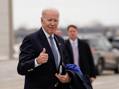 U.S. President Joe Biden gestures to reporters before boarding Air Force One en route to Camp David at Hancock Field Air National Guard Base in Syracuse, New York, February 4, 2023.