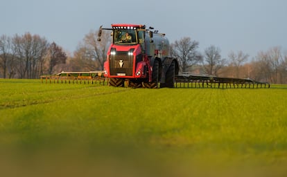 Un agricultor esparce abono en su explotación.