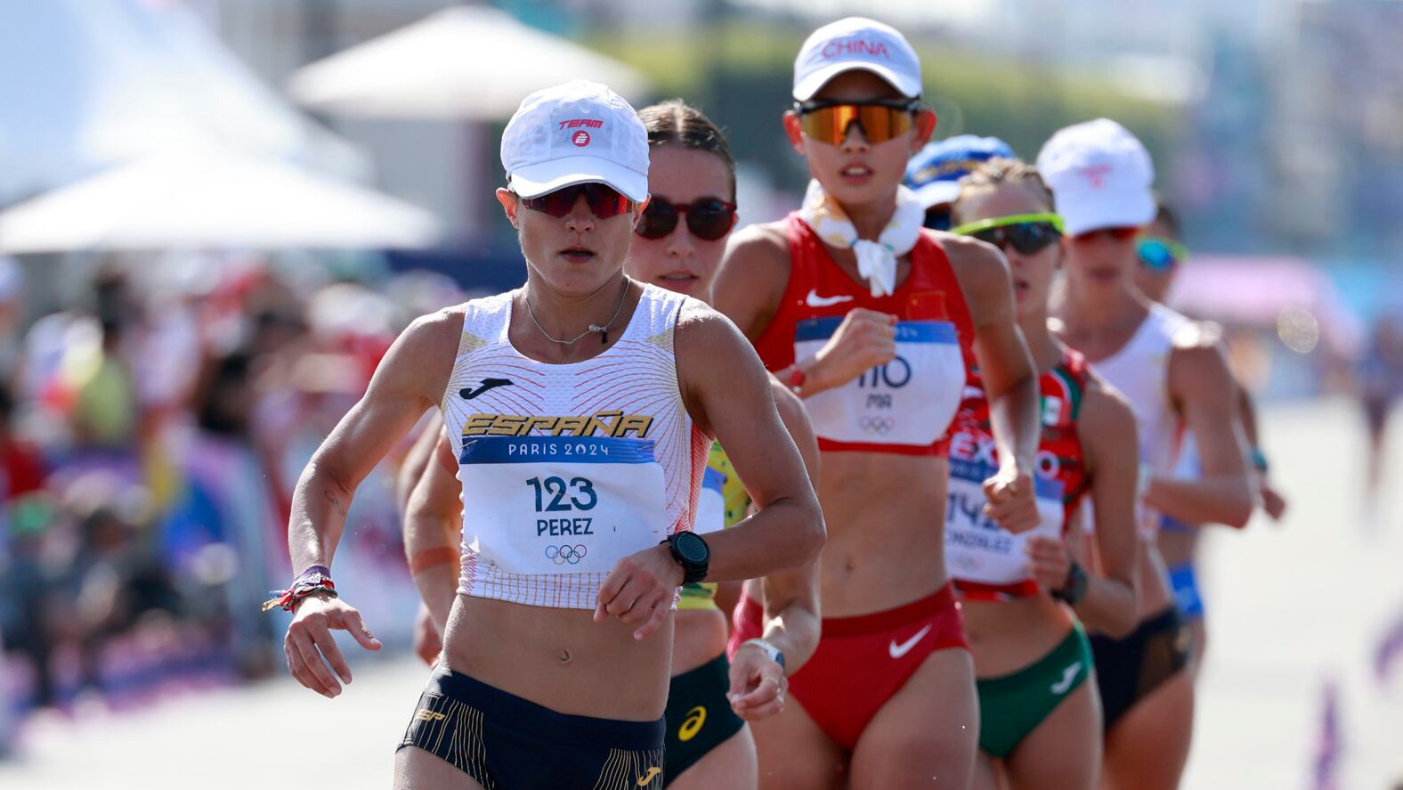 La española María Pérez en la prueba de los 20km marcha femeninos de los Juegos Olímpicos de París 2024.