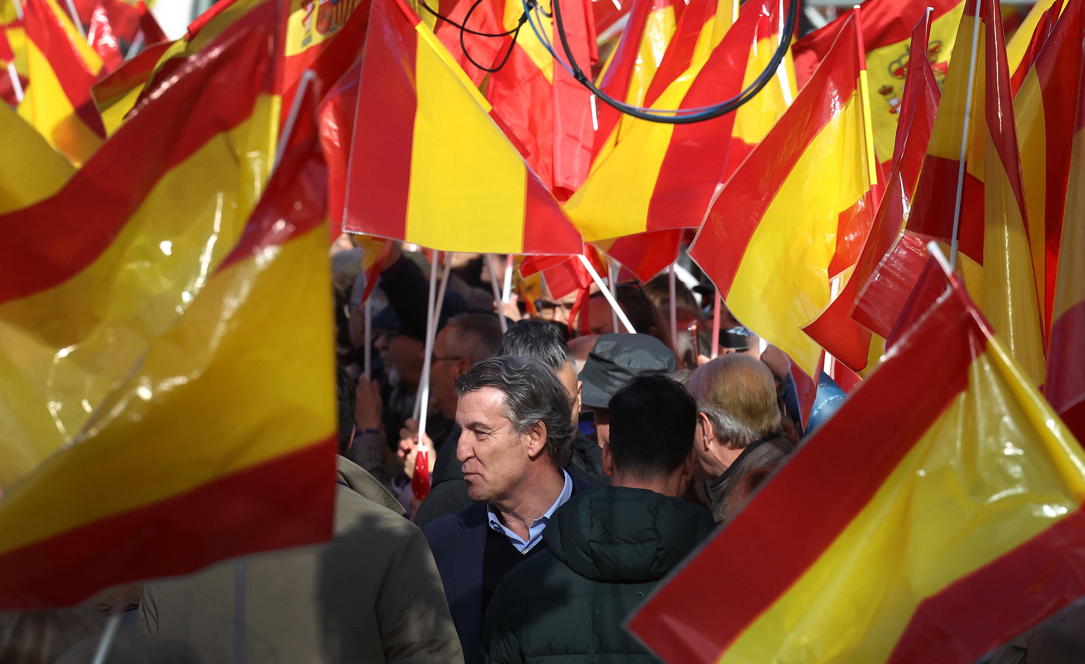 Alberto Núñez Feijóo rodeado de banderas de España durante la manifestación convocada por el P en Madrid, este domingo.