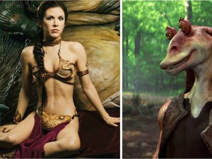 La princesa Leia con su ya legendario bikini y Jar Jar Binks, uno de los personajes más odiados de 'Star Wars'.