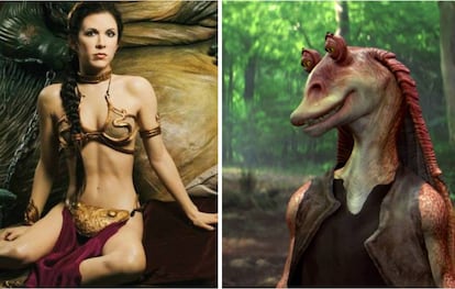 La princesa Leia con su ya legendario bikini y Jar Jar Binks, uno de los personajes más odiados de 'Star Wars'.