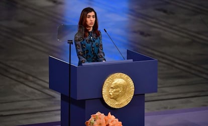 Nadia Murad, activista iraquí, Nobel de la Paz 2018, pronuncia su discurso tras hacer recibido el galardón. “Mi supervivencia se basa en defender a las víctimas de violencia sexual”, expresó la activista de 25 años.