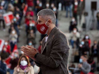 El ministro del Interior, Fernando Grande-Marlaska, durante un acto electoral del PSOE celebrado este domingo en Getafe (Madrid).
