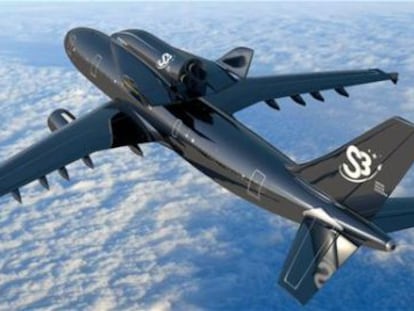 Ilustraci&oacute;n del ascenso al espacio del sistema S3, con un Airbus A-300 y la lanzadera sujeta.