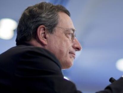 El presidente del Banco Central Europeo (BCE), Mario Draghi, durante su intervenci&oacute;n en el encuentro organizado por el FMI el pasado abril.