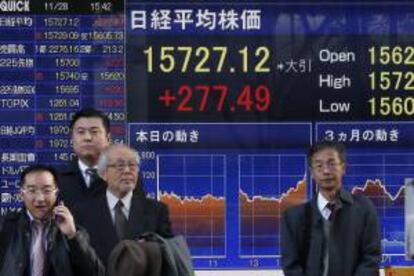 Varios viandantes esperan delante de una pantalla que muestra el valor alcanzado por el índice Nikkei.EFE/Archivo