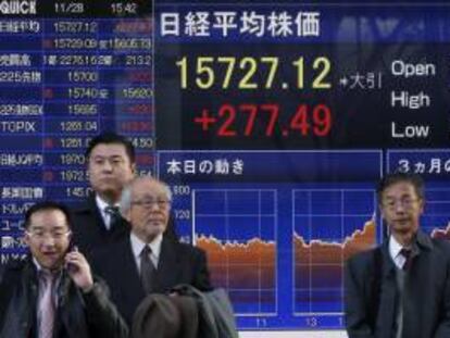 Varios viandantes esperan delante de una pantalla que muestra el valor alcanzado por el índice Nikkei.EFE/Archivo