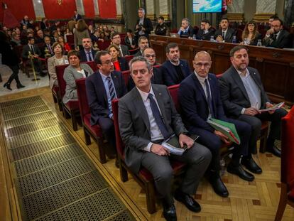 Los doce líderes independentistas catalanes, en el Tribunal Supremo durante el juicio del 'procés'.