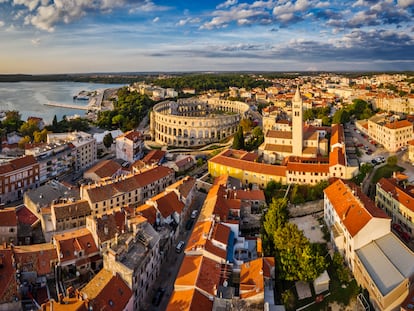 Aerial Drone Sunset Scene of Pula Arena Amphitheatre, Croatia