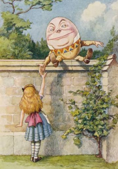 Humpty Dumpty y Alicia, en una ilustración de John Tenniel.