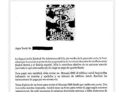 Carta amenazante de ETA a un empresario