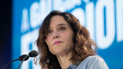 Isabel Díaz Ayuso, presidenta de la Comunidad de Madrid, durante un mitin del PP en Vigo, Galicia, este viernes.