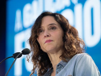 Isabel Díaz Ayuso, presidenta de la Comunidad de Madrid, durante un mitin del PP en Vigo, Galicia, este viernes.