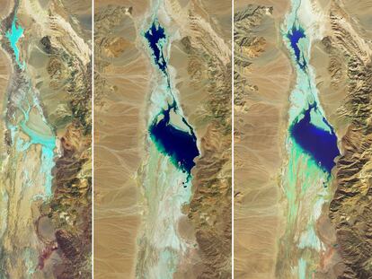 Imágenes satelitales proporcionadas por la NASA muestran la evolución del lago Manly desde julio de 2023 hasta el pasado 14 de febrero.