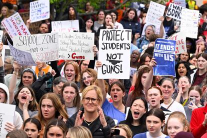 Anti-gun demonstrators protest at the Tennessee Capitol for stricter gun laws in Nashville, Tennessee, on April 3, 2023