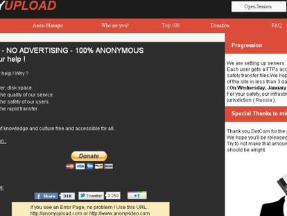 Portada de Anonyupload, que pretende ser una alternativa a Megaupload.