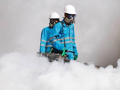 Una imagen de archivo de dos trabajadores que rocían pesticidas.